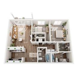 A floor plan of a small apartment with a kitchen, living room, and three bedrooms.