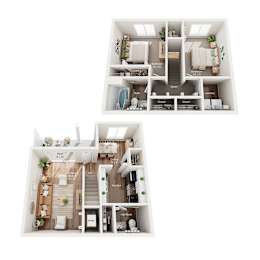 A floor plan of a two-story apartment with a living room, kitchen, and bedrooms.