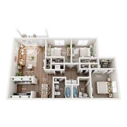A floor plan of a small apartment with a kitchen, living room, and bathrooms.