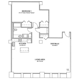 a floor plan of a house with a bedroom and a living room