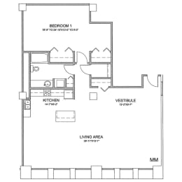 a floor plan of a house with a bedroom and a living room
