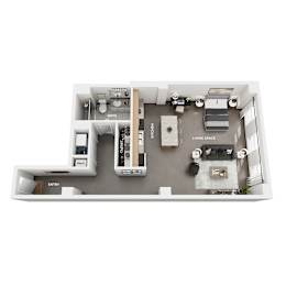 A floor plan of a small apartment with a living room, kitchen, bathroom, and entry.
