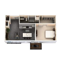 A floor plan of a house with a kitchen, living room, dining room, and bathroom.