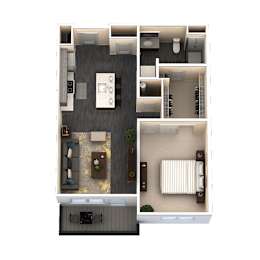 A top-down view of a living room, kitchen, and bedroom.