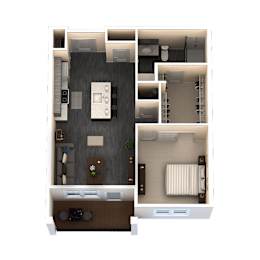 A floor plan of a small apartment with a kitchen, living room, and bedroom.