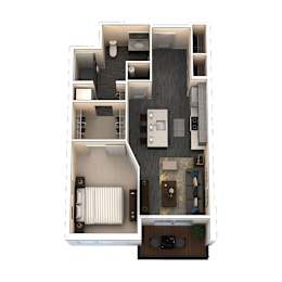 A floor plan of a house with a kitchen, living room, and bathroom.