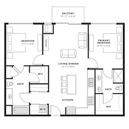 a floor plan of a bedroom apartment with an open floor plan