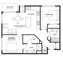 a floor plan of a bedroom apartment with an open floor plan