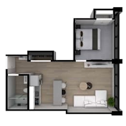 A 3D rendered image of a modern apartment layout.