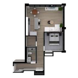 A modern apartment layout with a kitchen, living room, and bathroom.