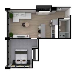 A 3D floor plan of a small apartment with a kitchen, living room, and bathroom.