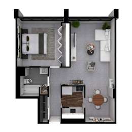 A 3D floor plan of a small apartment with a bedroom, living room, and kitchen.