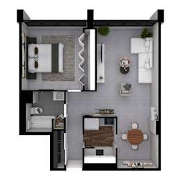 A 3D floor plan of a small apartment with a bedroom, kitchen, and living room.