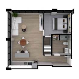 A 3D floor plan of a small apartment with a kitchen, living room, and bathroom.