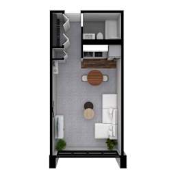 A top-down view of a small apartment with a kitchen, living room, and bathroom.