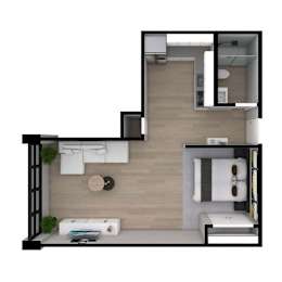 A top-down view of a modern bedroom with a bed, nightstand, and a plant.