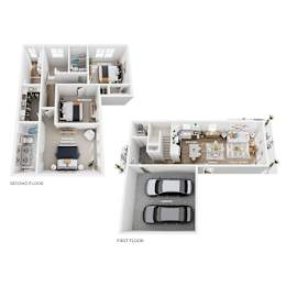 A floor plan of a house with two bedrooms, a garage, and a porch.