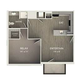 A floor plan of a room with a bathroom, eat area, relax area and an entertainment area.