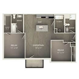 A floor plan of a house with a bathroom, eat in area, laundry, and relaxation area.
