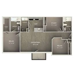 A floor plan of a house with a study, two bathrooms, a kitchen, an entertainment area, and two relaxation areas.