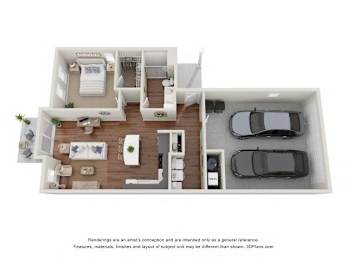 A 3D floor plan of a house with a kitchen, living room, dining room, and two bedrooms.