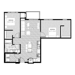 2 bed 1 bath apartment floor plan