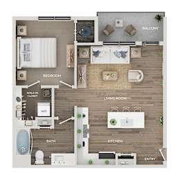 A floor plan of a house showing a bedroom, living room, kitchen, bathroom, and balcony.