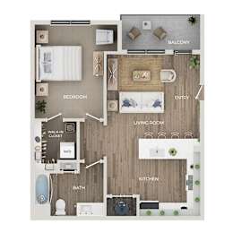 A floor plan of a house with a balcony, bedroom, living room, kitchen, and bathroom.