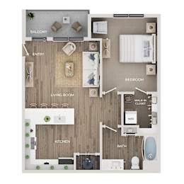 A floor plan of a house with a balcony, living room, kitchen, bathroom, bedroom, and walk-in closet.