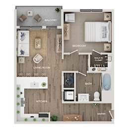 A floor plan of a home with a living room, kitchen, bedroom, and bathroom.