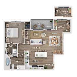 A floor plan of a house with a bedroom, living room, kitchen, and bathroom.