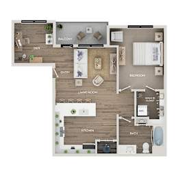 A floor plan of a house with a balcony, living room, kitchen, bathroom, and bedrooms.