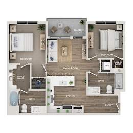 A floor plan of a house with a balcony, two bedrooms, a living room, a kitchen, a bathroom, and an entry.