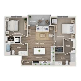 A floor plan of a home showing a living room, two bedrooms, a kitchen, a bathroom, and a balcony.