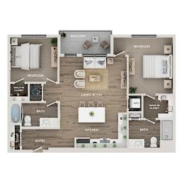 A floor plan of a home showing a living room, kitchen, and three bedrooms.