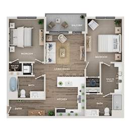 A floor plan of a house with a balcony, two bedrooms, a living room, a kitchen, two bathrooms, and an entry.