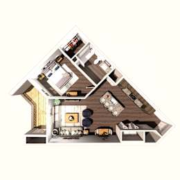 A top-down view of a house interior with a living room, kitchen, and dining area.