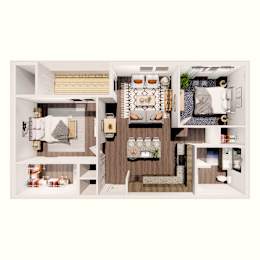 A top-down view of a small apartment with a kitchen, living room, and bedroom.