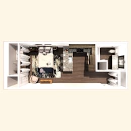 A small, neatly organized bedroom with a bed, nightstand, and a small desk.