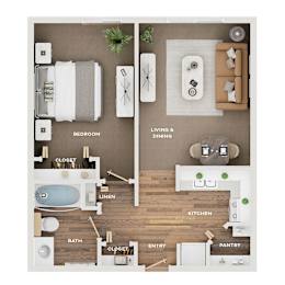 A floor plan of a house showing a bedroom, living and dining area, kitchen, bathroom, and pantry.