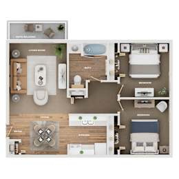 A floor plan of a house showing a living room, dining room, kitchen, and three bedrooms.