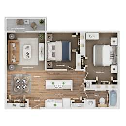 A floor plan of a house showing a living room, dining room, kitchen, two bedrooms, a bathroom, and a patio/balcony.