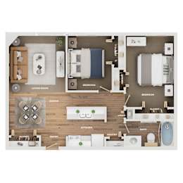 A floor plan of a small apartment with two bedrooms, a living room, a kitchen, a bathroom, a dining area, and a pantry.