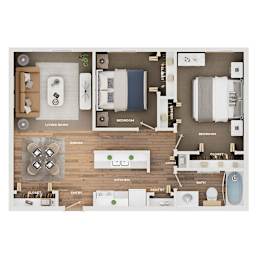 A floor plan of a house showing the layout of the living room, dining room, kitchen, and bedrooms.