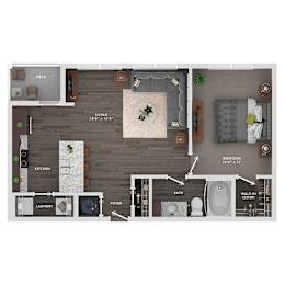 A floor plan of a small apartment with a kitchen, living room, and bathroom.