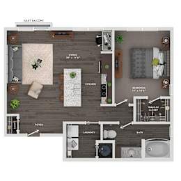 A floor plan of a Juliet balcony apartment with a living room, kitchen, bedroom, bathroom, foyer, and laundry room.
