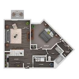 A floor plan of a house showing a living room, kitchen, laundry, and bedrooms.