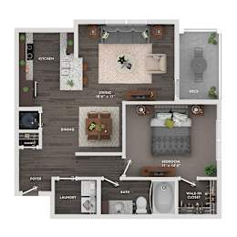 A floor plan of a small apartment with a living room, kitchen, dining room, bedroom, bathroom, and laundry area.