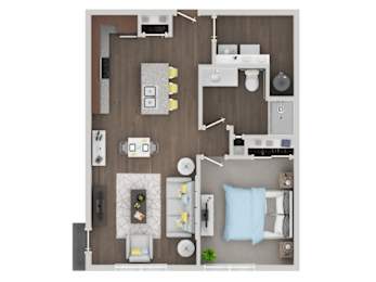 A top-down view of a small apartment with a kitchen, living room, and bedroom.