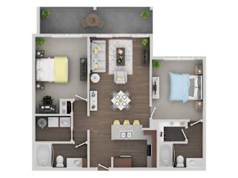 A top-down view of a small apartment layout with a kitchen, living room, and bathroom.